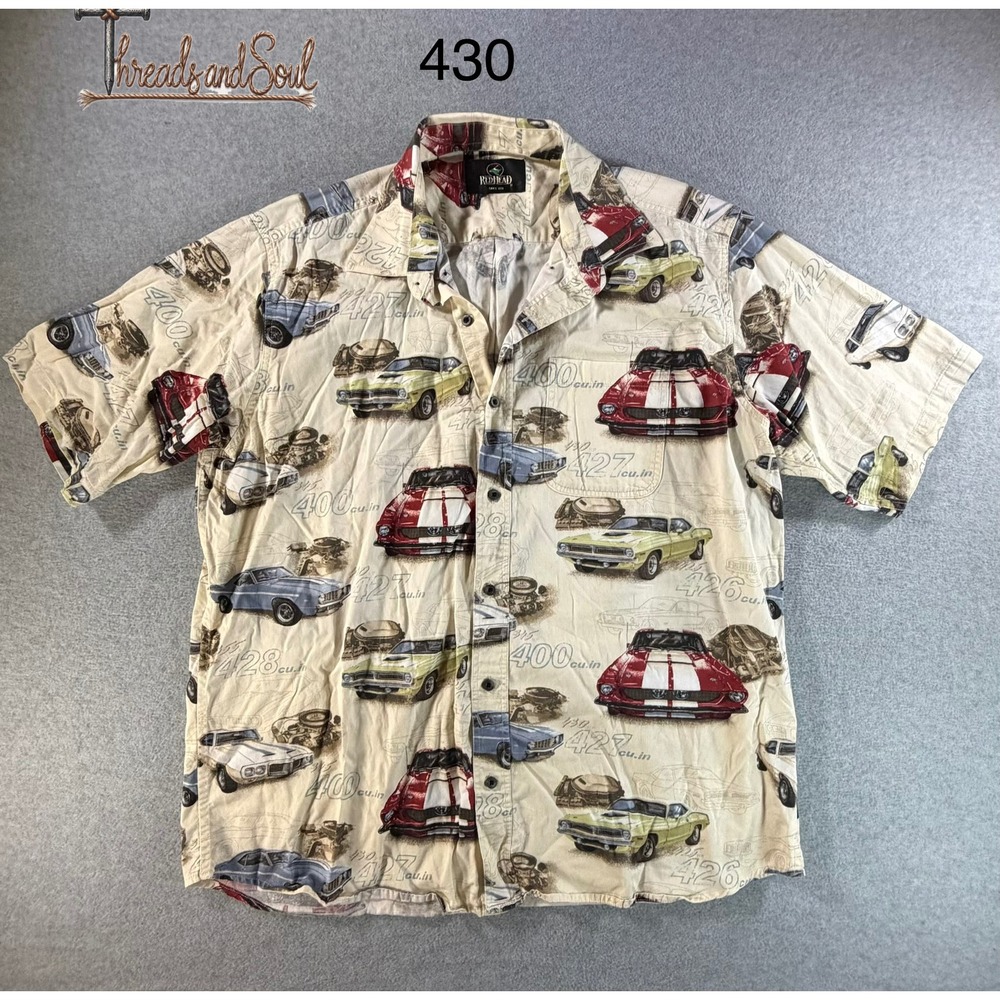 RedHead Mens XL Muscle Car Print Button Down Shirt Short Sleeve Cotton Cream